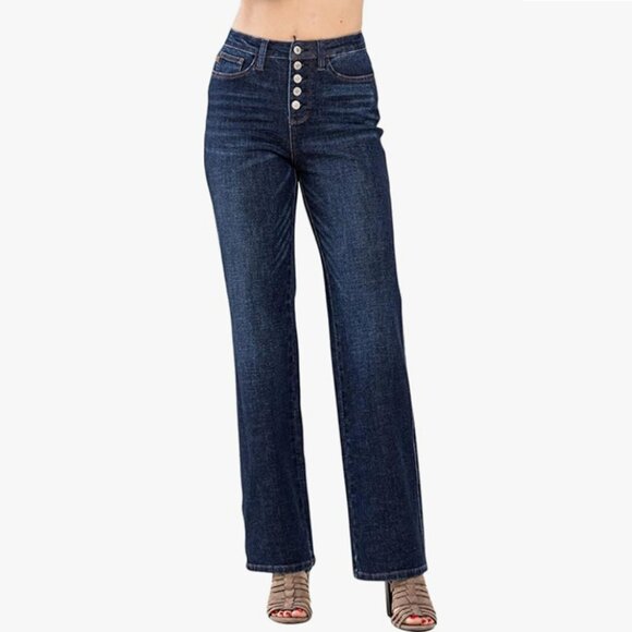 udy Blue High Waist Button-Fly Straight Leg Jeans - Picture 1 of 3